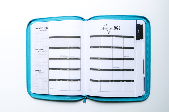 2026 NKJV 16-Month Scripture Planner, Zippered Leathersoft, Teal, May the Lord of Peace
