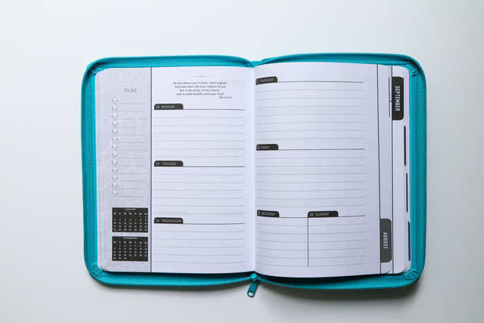 2026 NKJV 16-Month Scripture Planner, Zippered Leathersoft, Teal, May the Lord of Peace