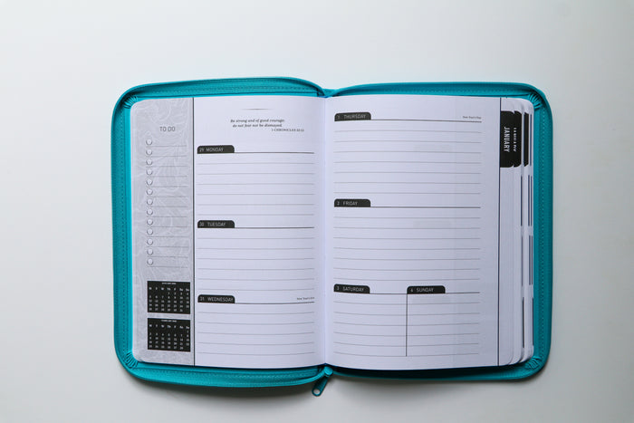2026 NKJV 16-Month Scripture Planner, Zippered Leathersoft, Teal, May the Lord of Peace