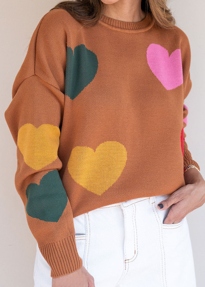 Brown acrylic knit sweater with multicolor heart pattern, round neck, and drop shoulders, view 2
