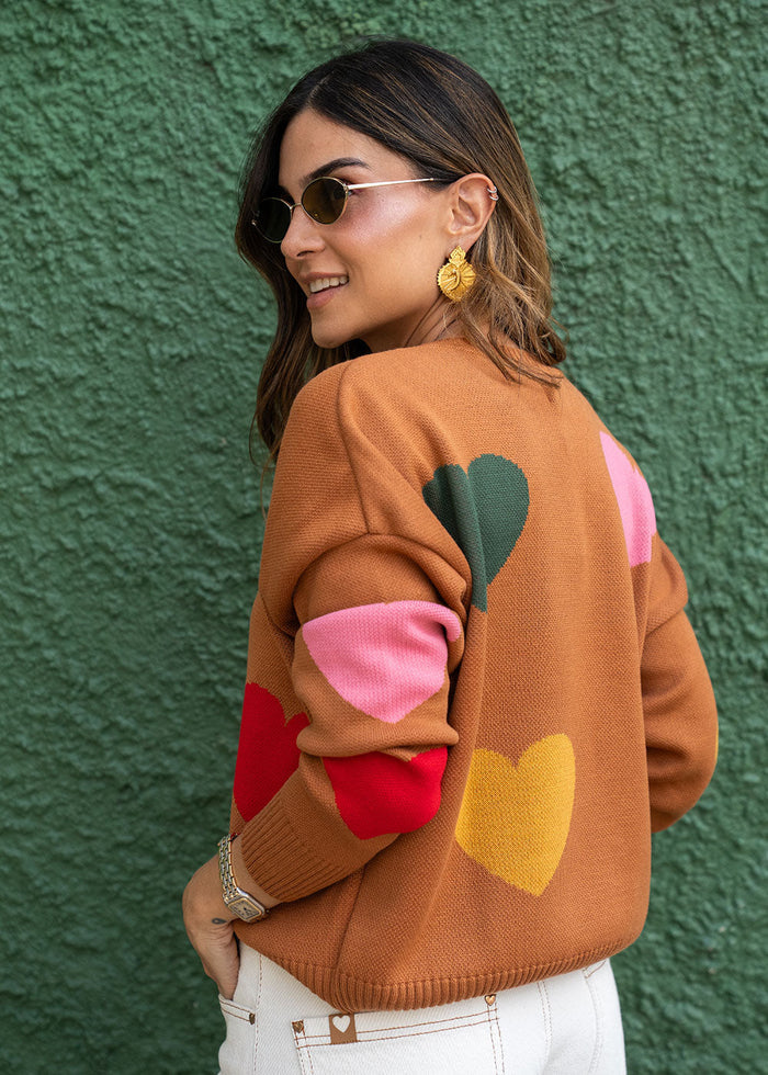 Brown acrylic knit sweater with multicolor heart pattern, round neck, and drop shoulders, view 6
