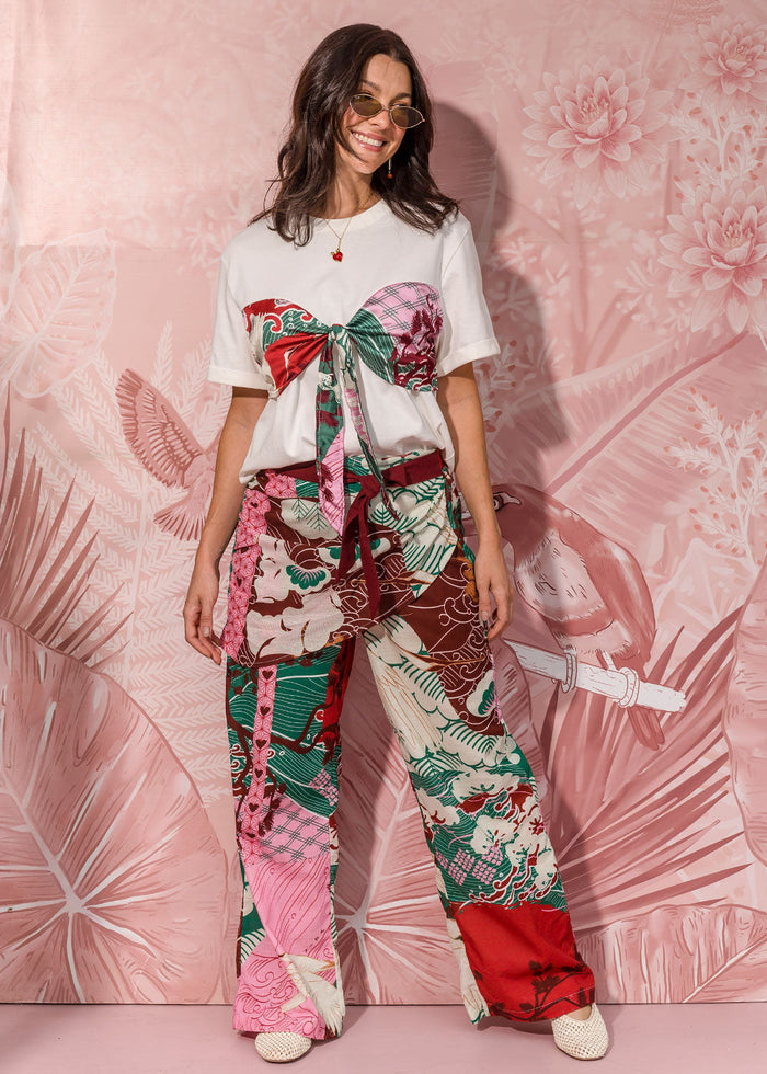 multicolor printed linen-effect pants with tie waist gathered panel view 4