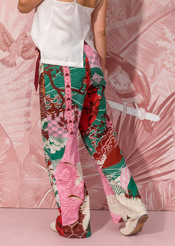 multicolor printed linen-effect pants with tie waist gathered panel view 5