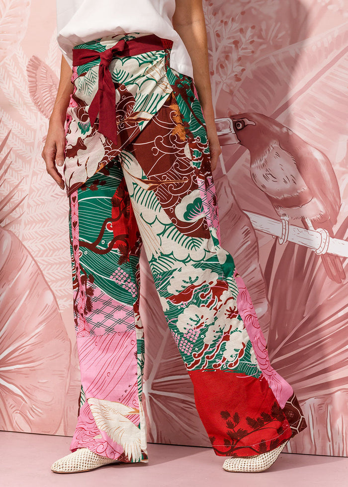 multicolor printed linen-effect pants with tie waist gathered panel view 6