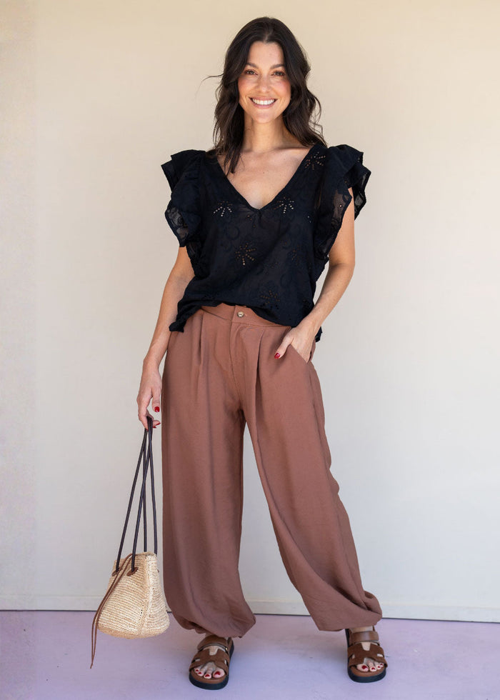 Black cotton eyelet blouse with V-neck front and back and double ruffle sleeves