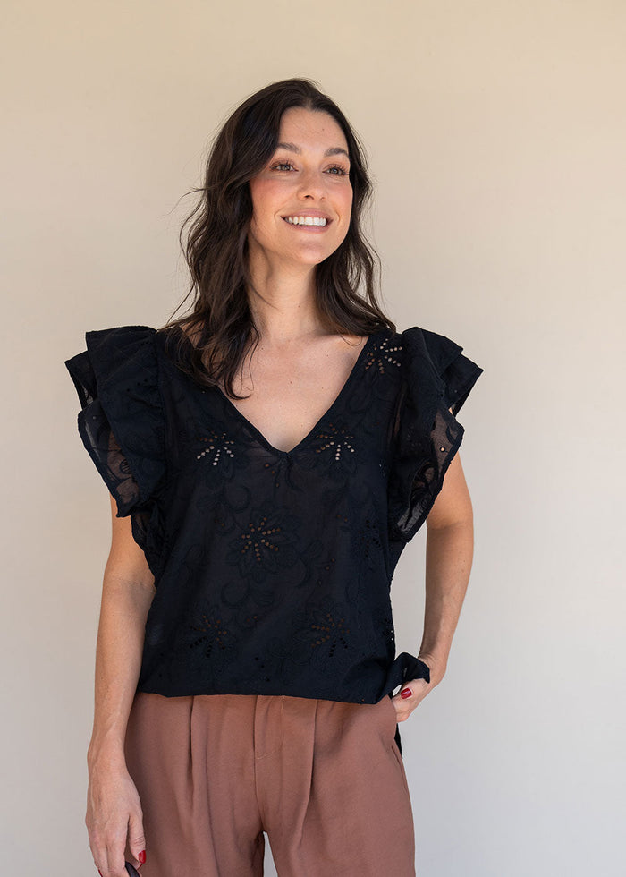 Black cotton eyelet blouse with V-neck front and back and double ruffle sleeves, view 2