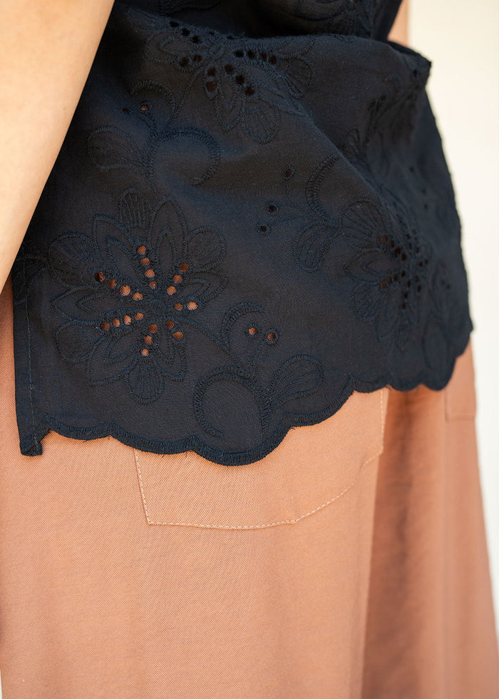 Black cotton eyelet blouse with V-neck front and back and double ruffle sleeves, view 3