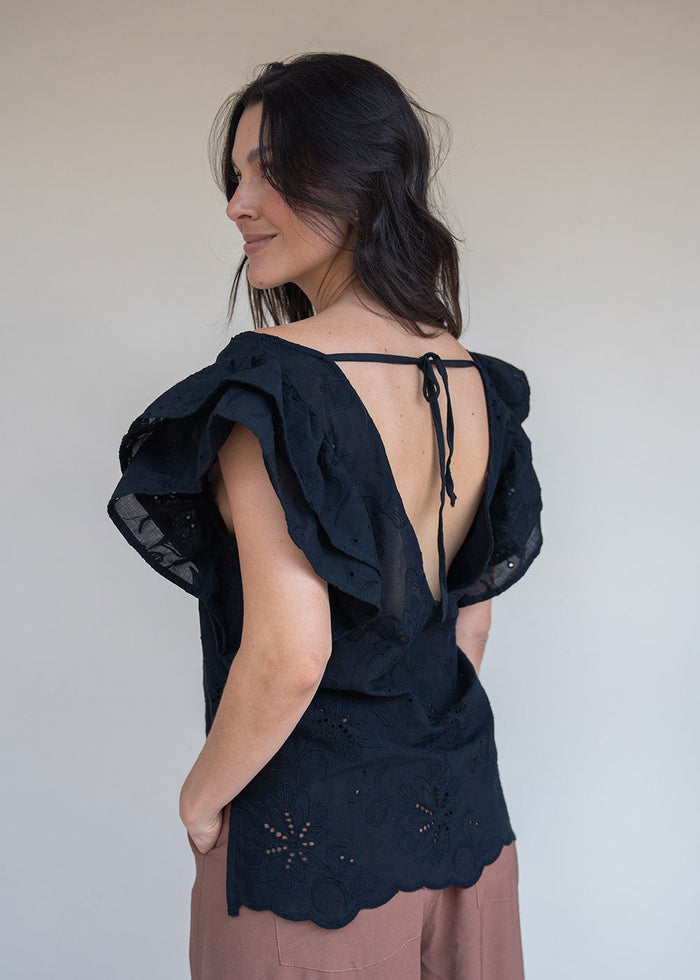 Black cotton eyelet blouse with V-neck front and back and double ruffle sleeves, view 4