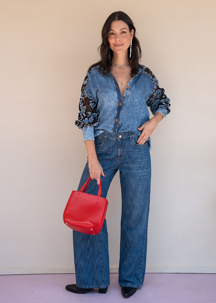Blue washed Tencel shirt with band collar, buttoned cuffs, and lace sleeve panels, view 4