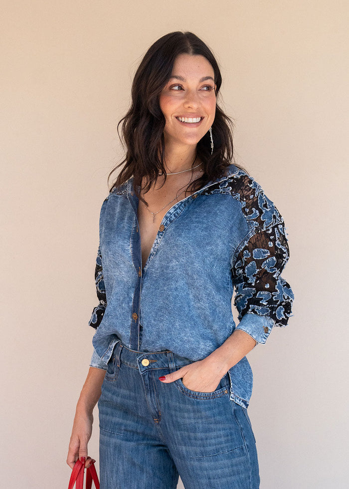 Blue washed Tencel shirt with band collar, buttoned cuffs, and lace sleeve panels, view 7