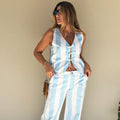blue stripe denim pants semi-fitted silhouette front view