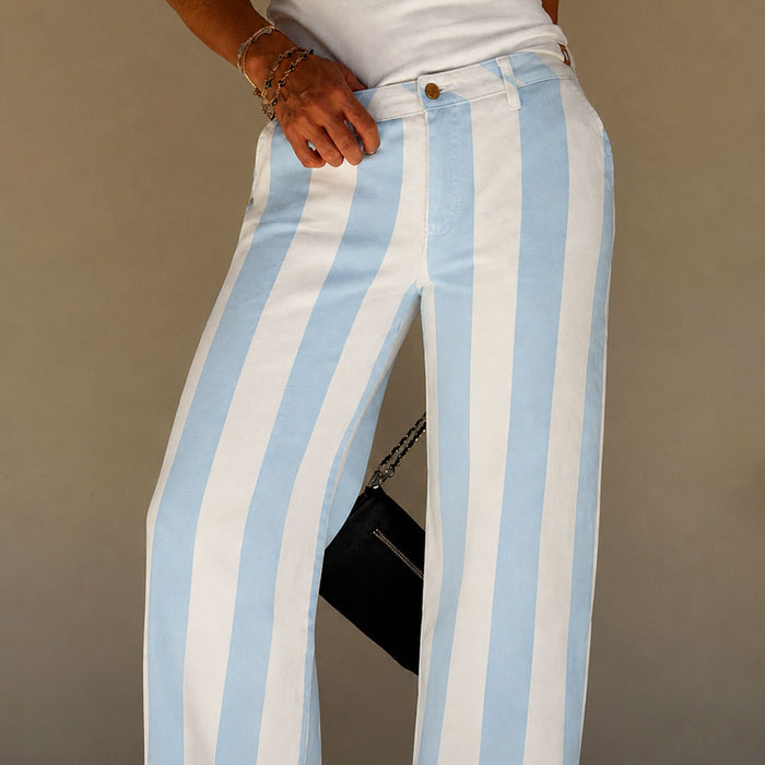 blue striped pants side profile full length