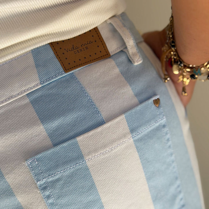 blue stripe denim pants lifestyle shot