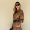 brown relaxed long sleeve shirt lifestyle shot