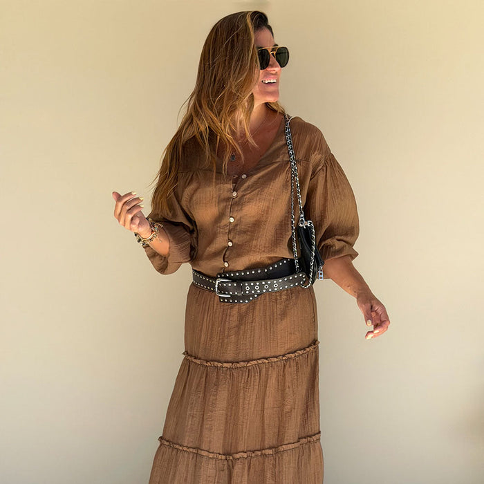 brown long sleeve shirt crinkle texture fabric detail
