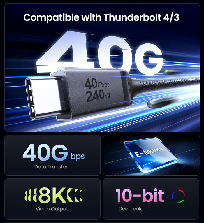 Cable Thunderbolt 4 USB C a USB C 2M 240W (40Gbps)