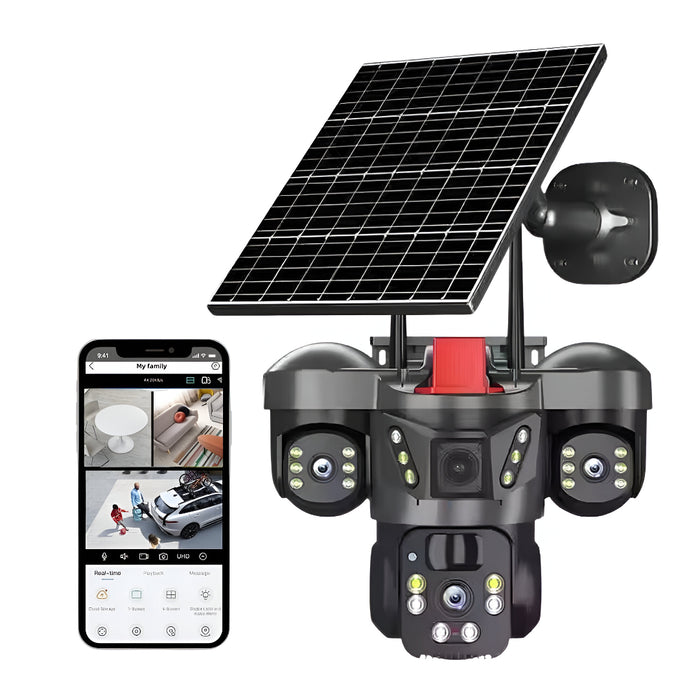 Camara De Seguridad Solar De Triple Lente Wifi 2.4ghz