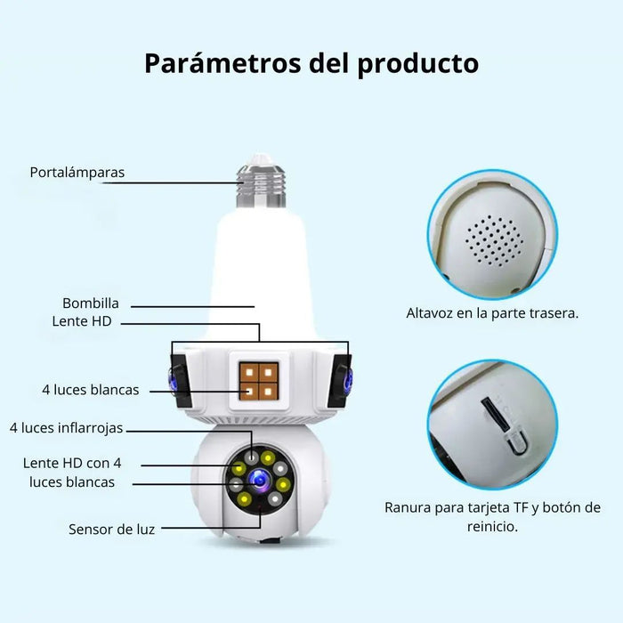 Cámara Doble Lente WiFi E27 – Seguridad Inteligente 3 Pantallas en Tiempo Real