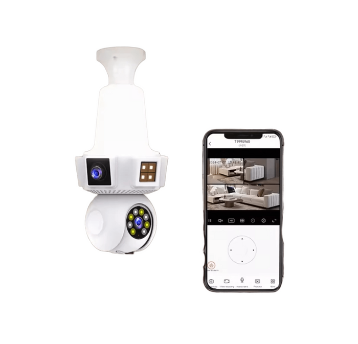 Cámara Triple Lente WiFi E27 – Seguridad Inteligente 3 Pantallas en Tiempo Real