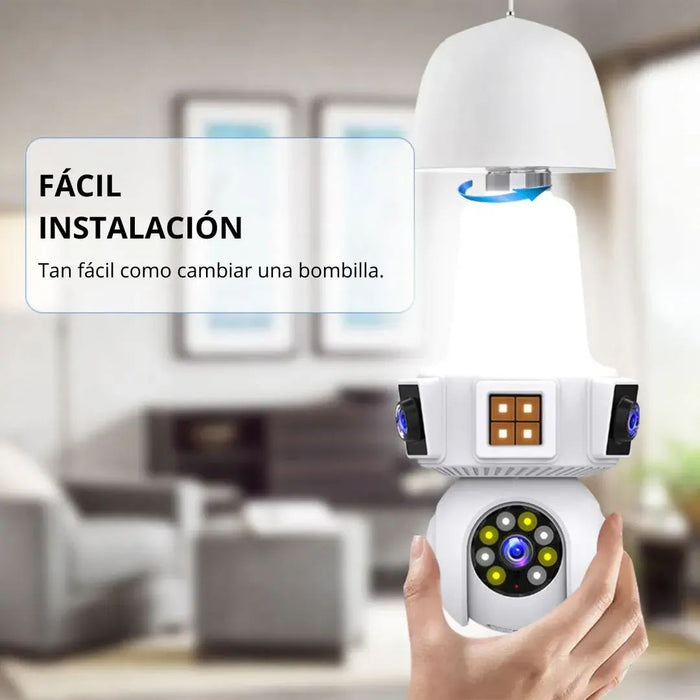 Cámara Triple Lente WiFi E27 – Seguridad Inteligente 3 Pantallas en Tiempo Real