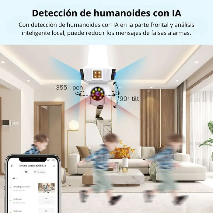 Cámara Triple Lente WiFi E27 – Seguridad Inteligente 3 Pantallas en Tiempo Real