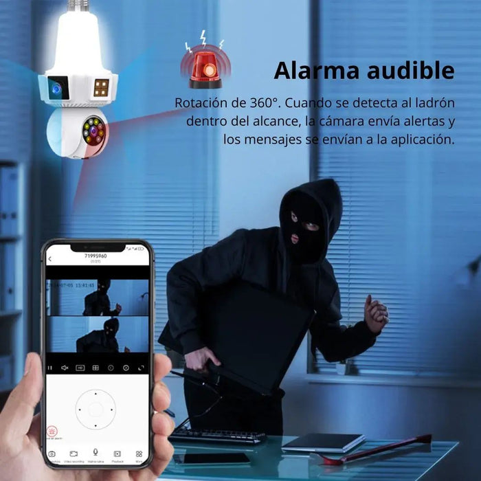 Cámara Triple Lente WiFi E27 – Seguridad Inteligente 3 Pantallas en Tiempo Real