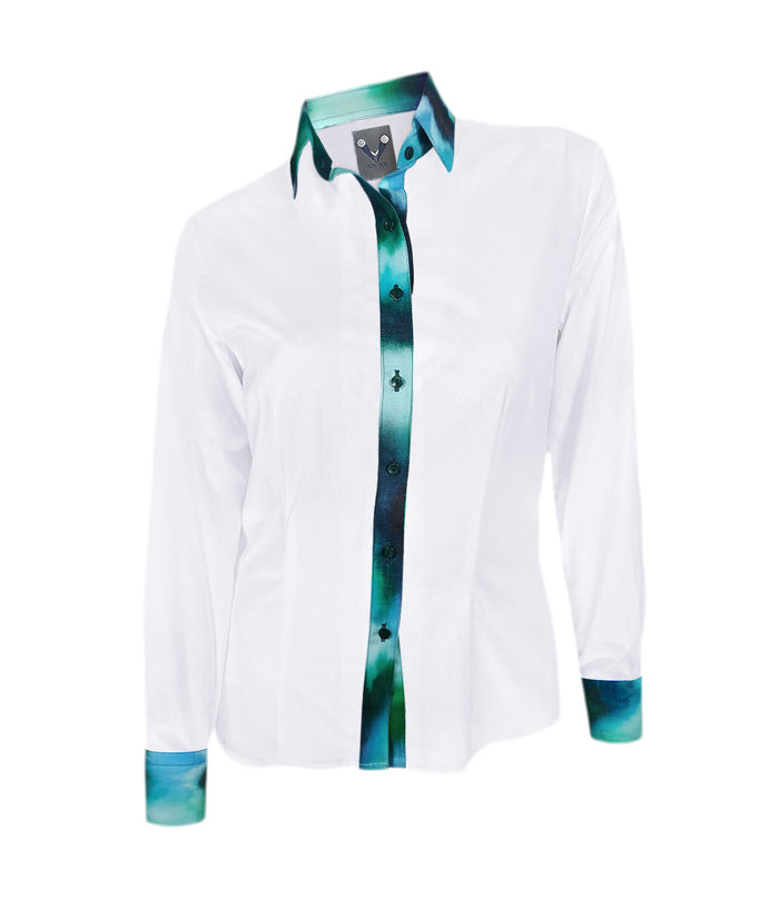 Camisa Blusa Blanca Tie Dye Tono Azul con Verde Mujer XS a 10XL
