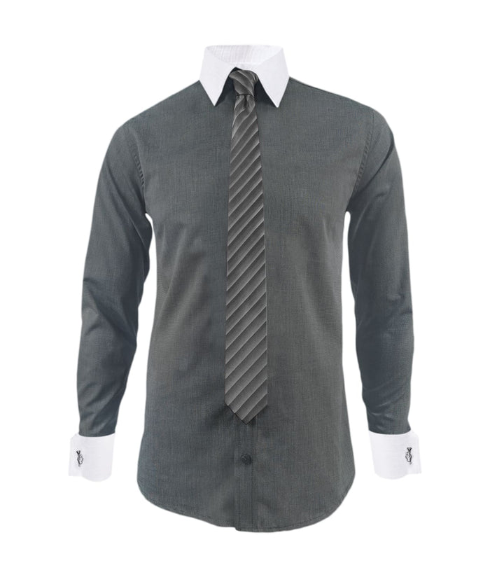 Camisa formal gris cuello y puños mancorna blancos hombre XS a 10XL