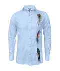 Camisa guayabera lino azul claro bordada plumas manga larga XS a 10XL