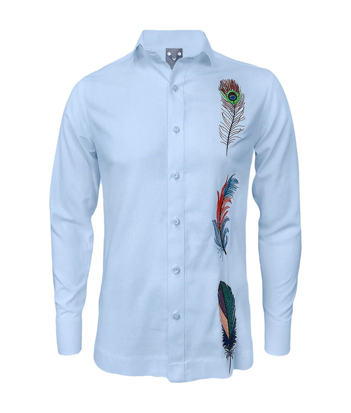 Camisa guayabera lino azul claro bordada plumas manga larga XS a 10XL