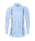 Camisa guayabera lino azul claro con alforzas bordada manga larga XS a 10XL
