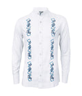 Camisa guayabera lino blanco con bordado azul manga larga XS a 10XL