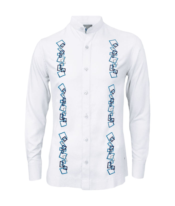 Camisa guayabera lino blanco con bordado azul manga larga XS a 10XL