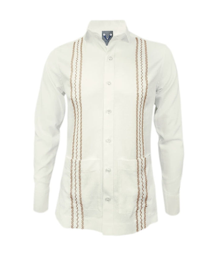 Camisa guayabera lino marfil con bolsillos bordada manga larga XS a 10XL