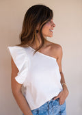 Ivory cotton jersey top with asymmetric one-shoulder ruffle sleeve