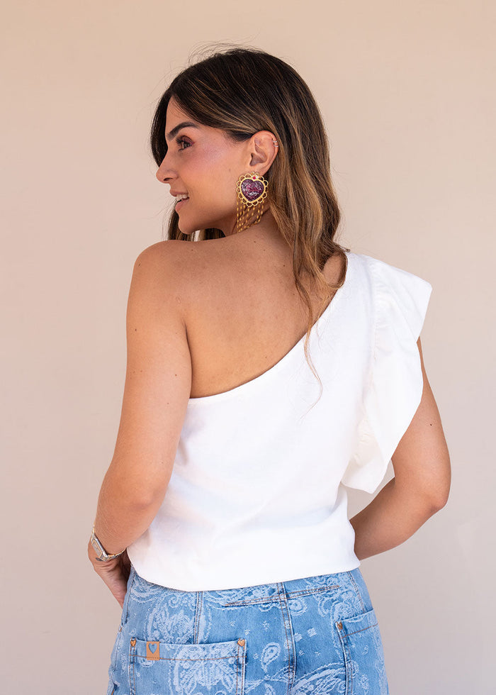 Ivory cotton jersey top with asymmetric one-shoulder ruffle sleeve, view 3