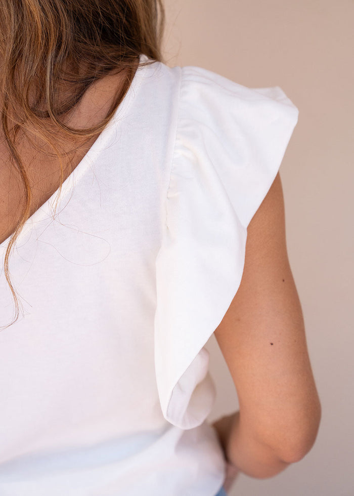 Ivory cotton jersey top with asymmetric one-shoulder ruffle sleeve, view 4