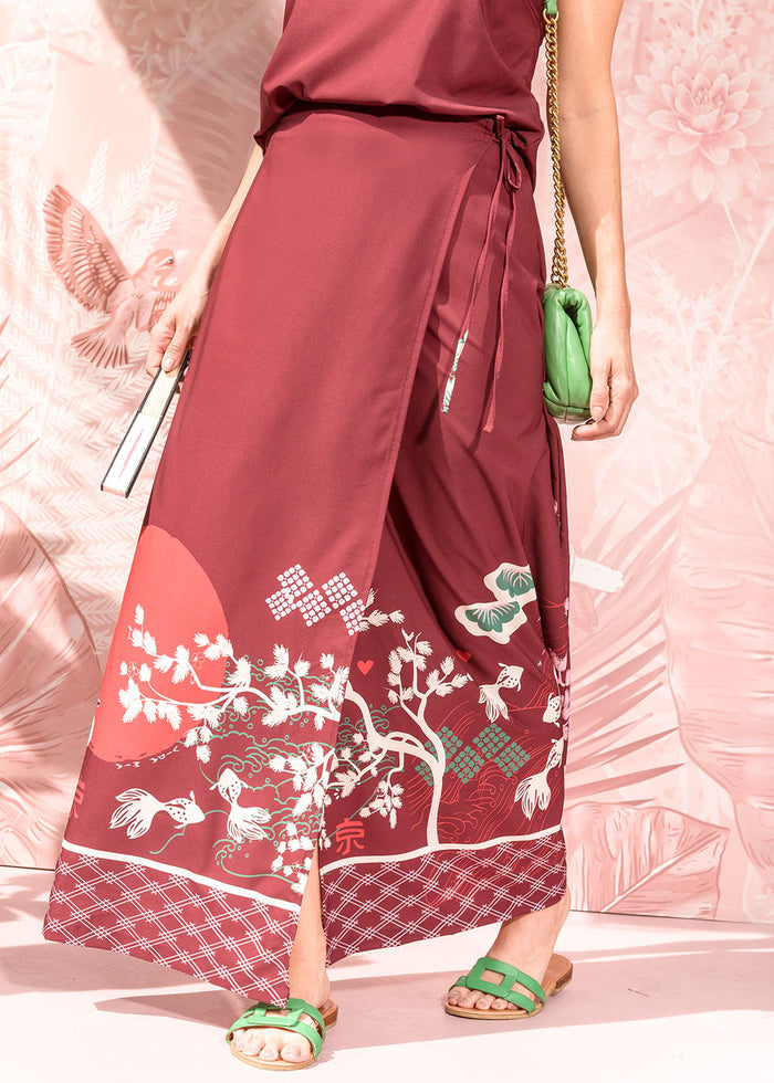 burgundy printed chalis wrap maxi skirt with side tie straps view 2