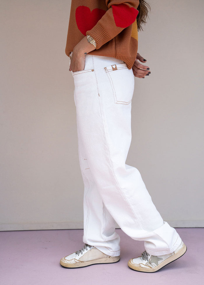 Ivory cotton drill jean with barrel leg, contrast topstitching, and patch back pockets, view 2