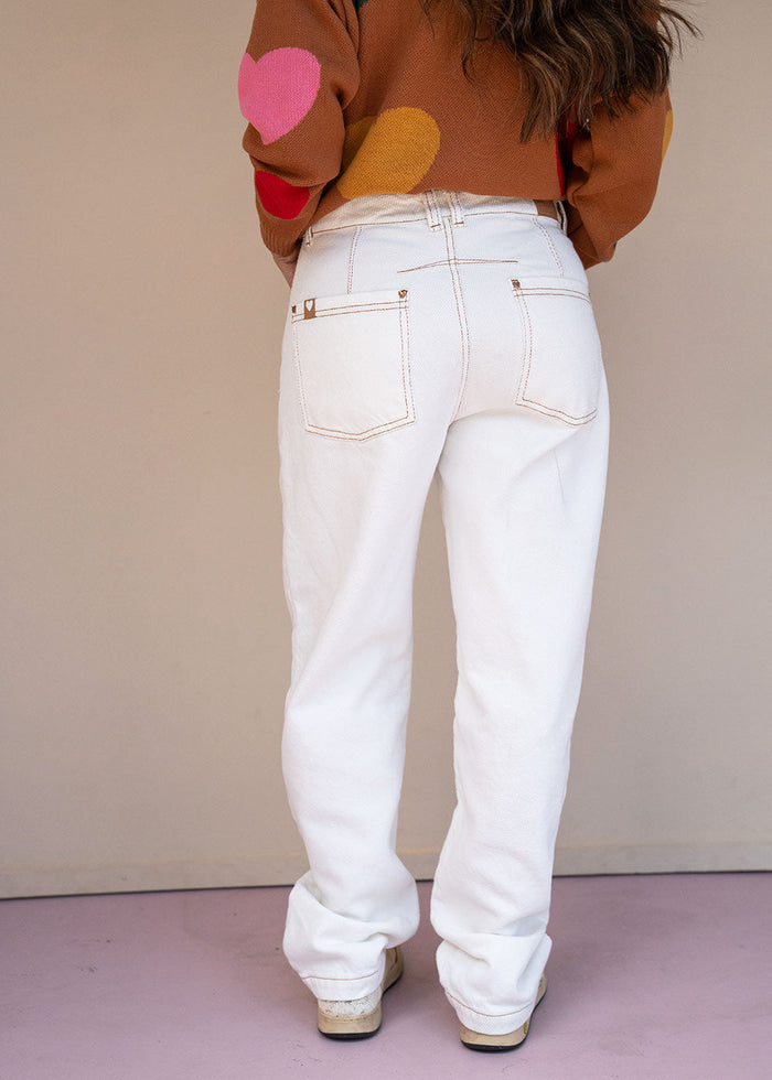 Ivory cotton drill jean with barrel leg, contrast topstitching, and patch back pockets, view 4