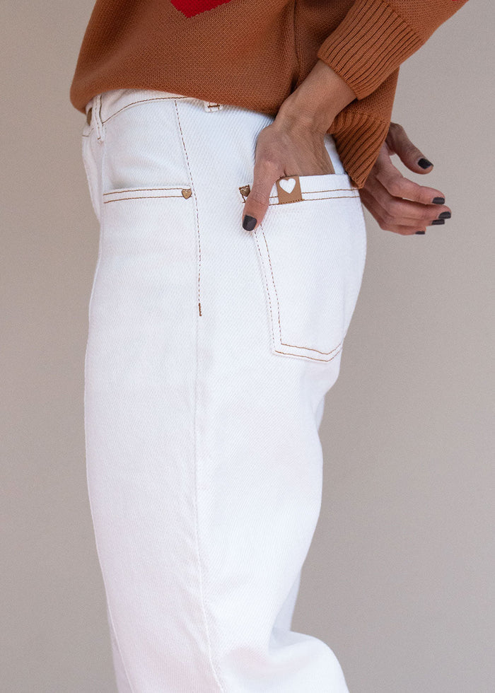 Ivory cotton drill jean with barrel leg, contrast topstitching, and patch back pockets, view 5