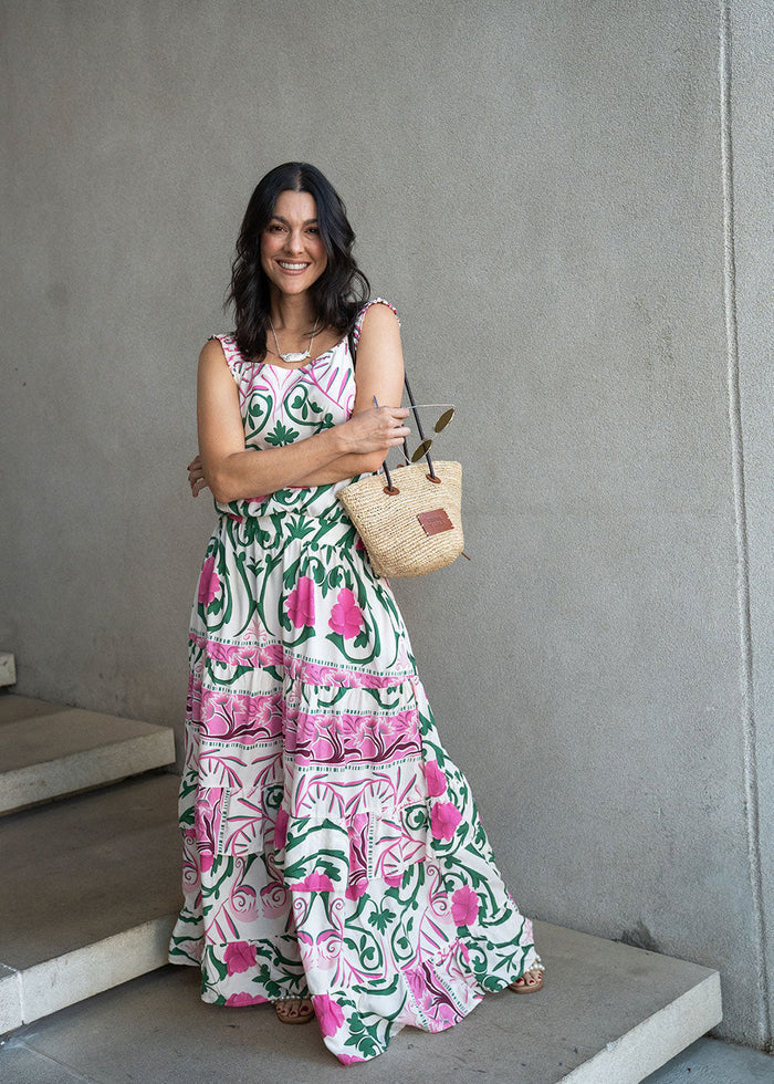 Ivory printed rayon maxi dress with wide straps, elastic waist, and ruffled hem, view 2