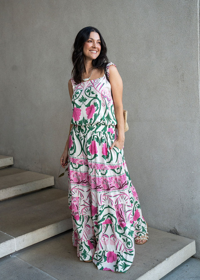 Ivory printed rayon maxi dress with wide straps, elastic waist, and ruffled hem, view 3