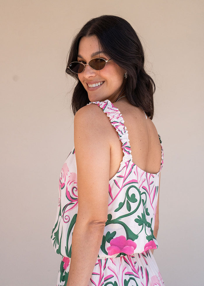 Ivory printed rayon maxi dress with wide straps, elastic waist, and ruffled hem, view 4