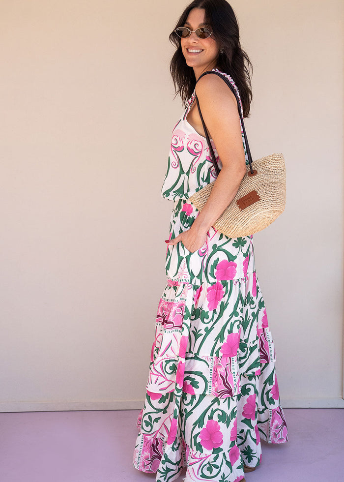 Ivory printed rayon maxi dress with wide straps, elastic waist, and ruffled hem, view 5