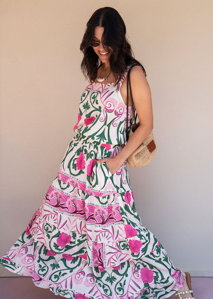 Ivory printed rayon maxi dress with wide straps, elastic waist, and ruffled hem, view 6