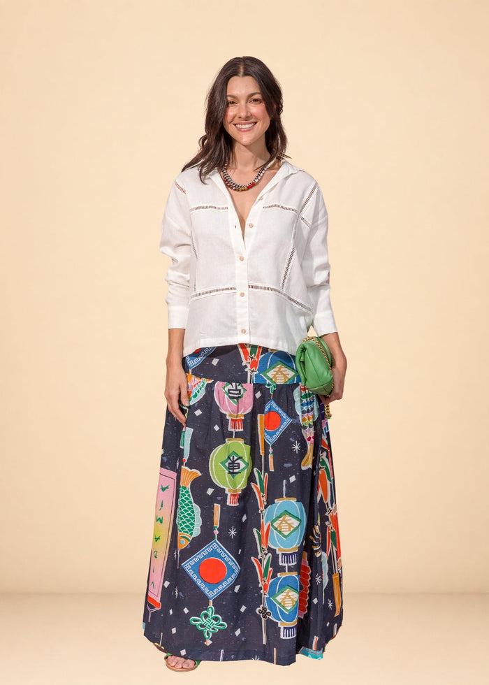 Ivory rayon-linen shirt with band collar and entredós openwork insets, view 5