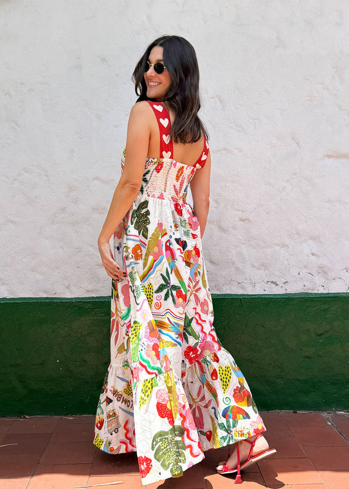 long printed cotton dress honeycomb stitch back detail