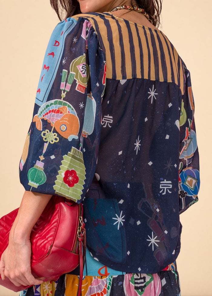 Blue printed chiffon shirt with V-neck and voluminous balloon sleeves, view 4