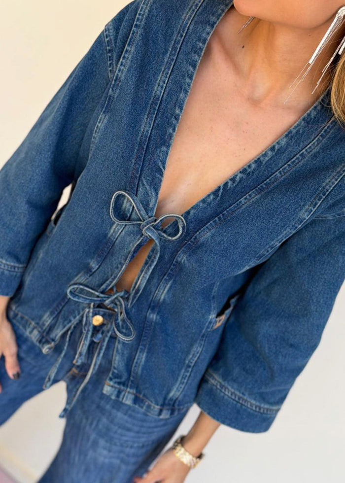 Indigo denim jacket with tie-front neckline, functional pockets, and 3/4 sleeves, view 2